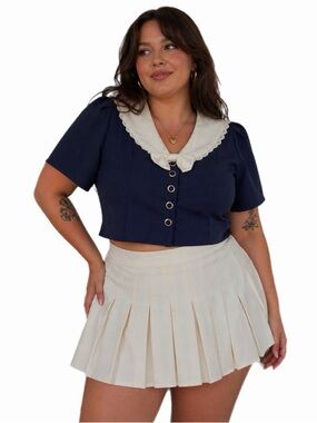 70s/80s American Vintage Sailor Collar Button Blouse w Bow (Navy/White) Size 14